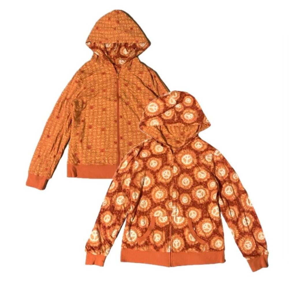 Y2K Peace Sign Skull Print Reversible Zip Up Hoodie Grunge Scene